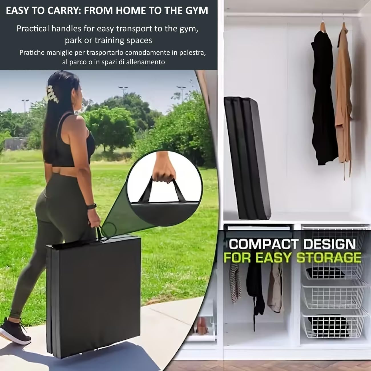 Tappetino Ginnastica Pieghevole 180x60x5cm | Pliabile a 3 Sezioni, Schiuma EPE e Pelle PU, Per Casa Yoga Pilates Arti Marziali Stretching, Con Maniglie