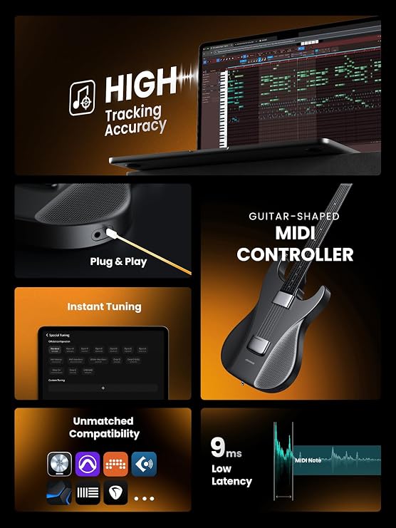 AEROBAND Black Full-Size Guitar-Shaped MIDI Controller, MIDI Guitar, Music Creation (With Bag)