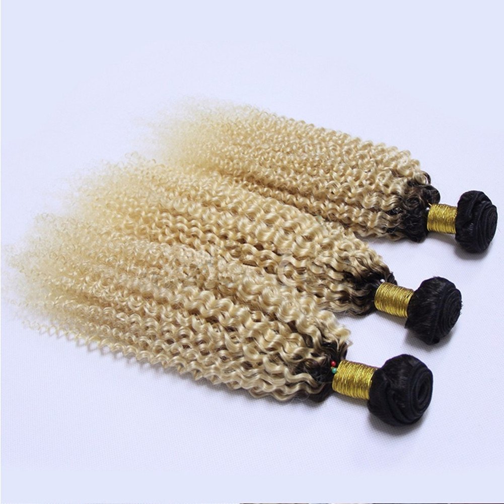 Ruma Hair Two Tone Colored 1B/613 Blonde Dark Root Ombre Afro Kinky Curly Brazilian Virgin Human Hair Weave Weft Extensions 3 Bundles Lot (22''24''26'')