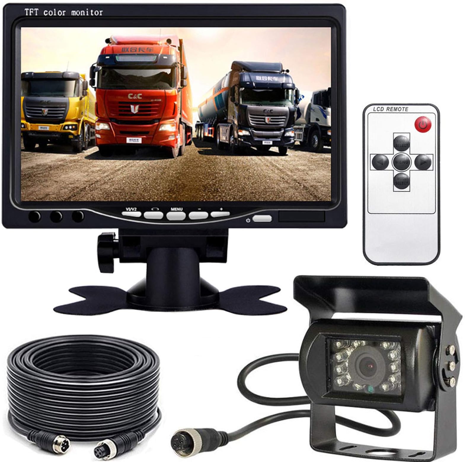 4Pin RV Bus Truck Trailer 18 IR LEDs Night Vision Waterproof Reversing Backup Rear View Camera +7" LCD HD Car Monitor with 15M(50ft) Aviation Extension Cable …