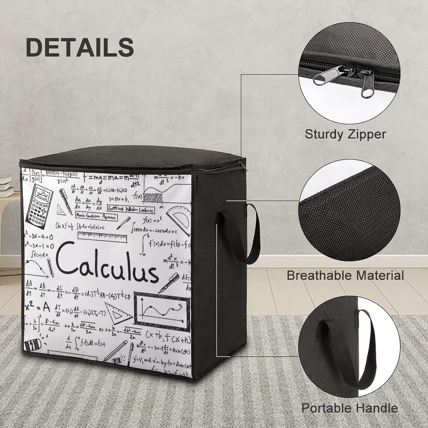 Math Geometry Geek Calculus Storage Bag with Zippers And Handle Extra Large Bedding Comforter Storage Bag Foldable Blanket Storage Bags Fabric Moving Bags for Closet Organizer (70L)