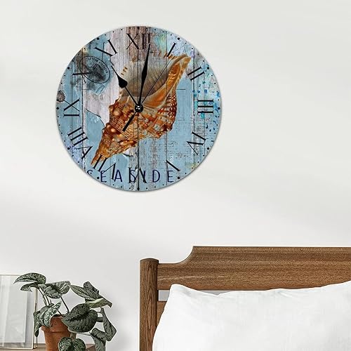 Miniatura 41 de ArogGeld Reloj de pared de PVC de mediados de siglo, concha, números de playa, estilo océano con números romanos de 10 pulgadas, funciona