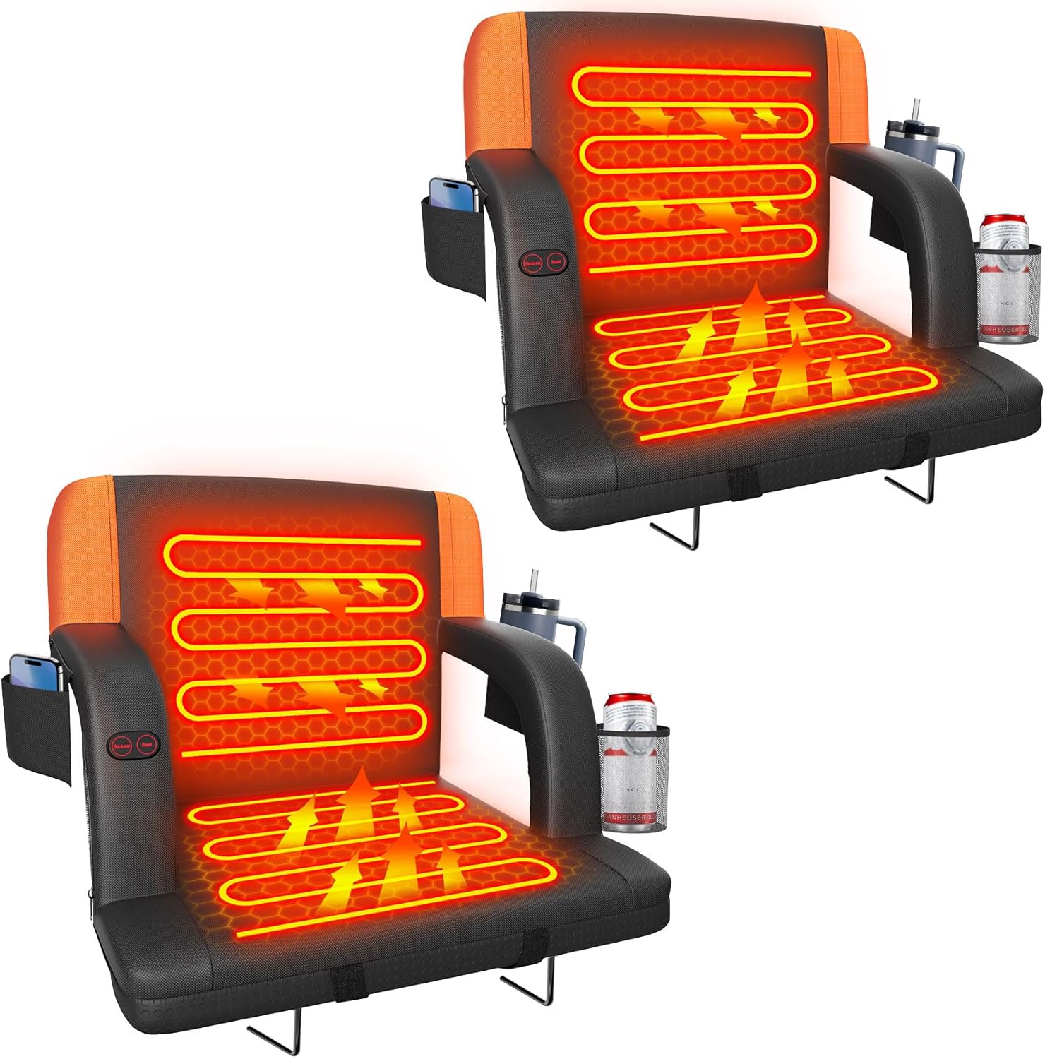 suteck dual-sided heated stadium seats for bleachers with back support, portable heated bleacher seat with backrest, 3 heat levels, 5 pockets – ideal for outdoor stadiums and events 2pc 23in orange