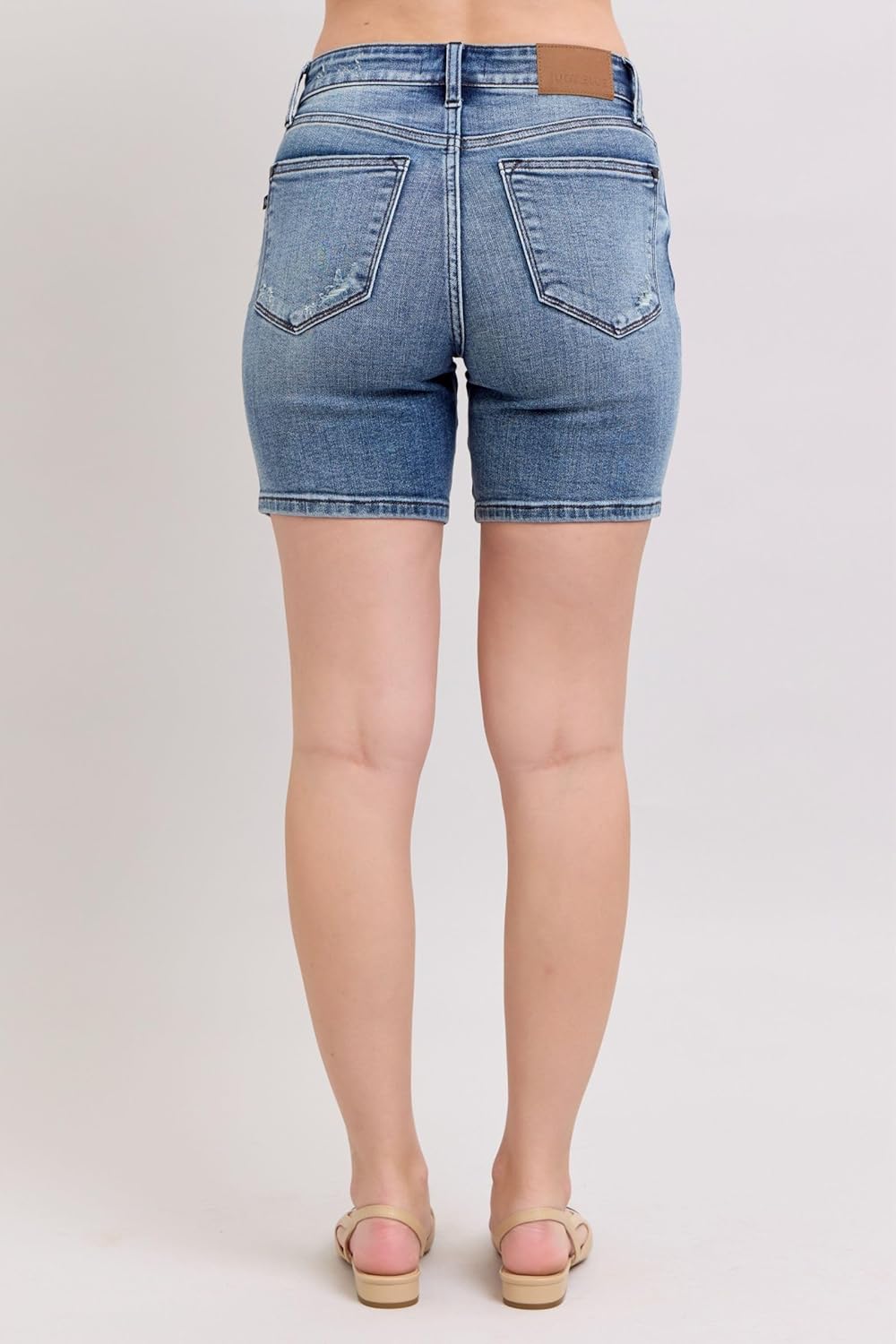 Judy Blue Button Fly Mid-Length Distressed Denim Shorts for Women Fabric | Casual Summer Shorts - 15297