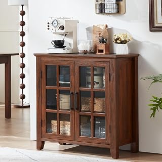 Joaxswe 32" Farmhouse Brown Sideboard Buffet Cabinet with Glass Doors, Adjustable Storage Shelves for Kitchen, Dining, Living Room