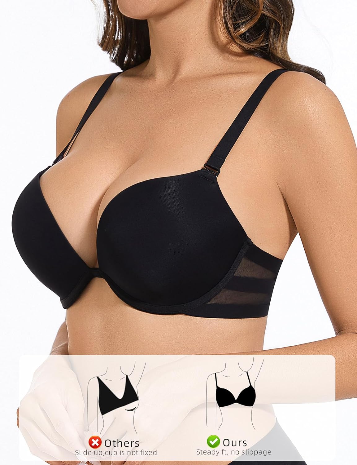 Push Up Padded Bras for Women Add 2 Cups Plunge Low Cut Bombshell T Shirt Bra Underwire Support - Image 3