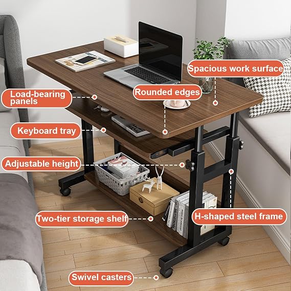 Height Adjustable Computer Desk with Wheels, Standing Desk with Wheels, Small Mobile Standing Desk with Keyboard Tray and Storage Shelf, Sofa Side Table for Home Office or Study White, 23.660cm