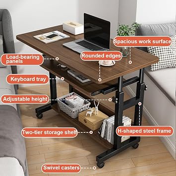 Height Adjustable Computer Desk with Wheels, Standing Desk with Wheels, Small Mobile Standing Desk with Keyboard Tray and Storage Shelf, Sofa Side Table for Home Office or Study White, 23.660cm