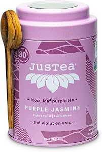 JusTea PURPLE JASMINE | Loose Leaf Purple Tea | Tin with Hand Carved Tea Spoon | 40+ Cups (90g) | Low Caffeine | Award-Winning | Fair Trade | Non-GMO