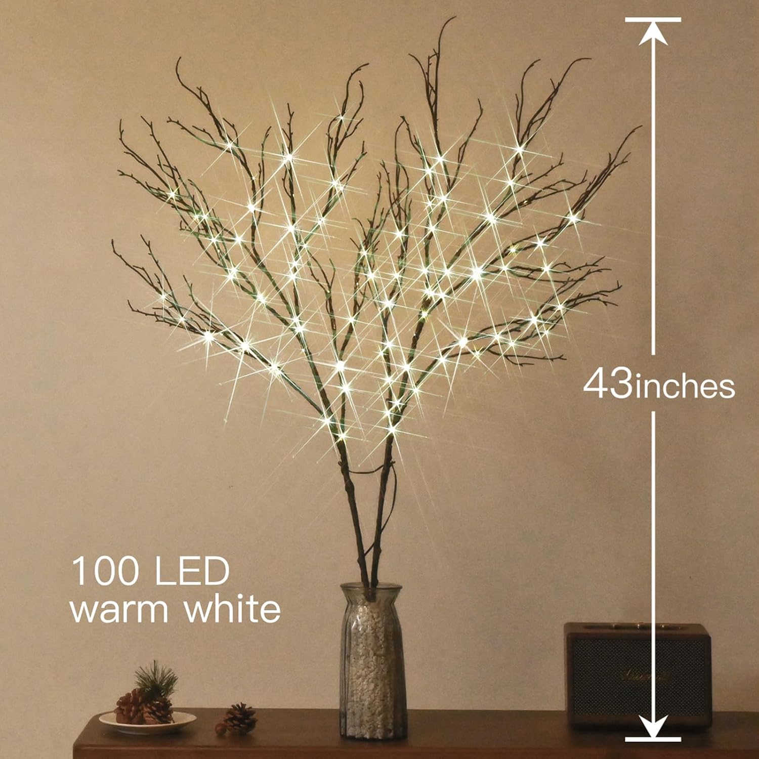 Lighted Brown Branches 43IN 100 LED with Timer Battery Operated, Tree Branch with Warm White Lights for Holiday Decoration Indoor Outdoor Use