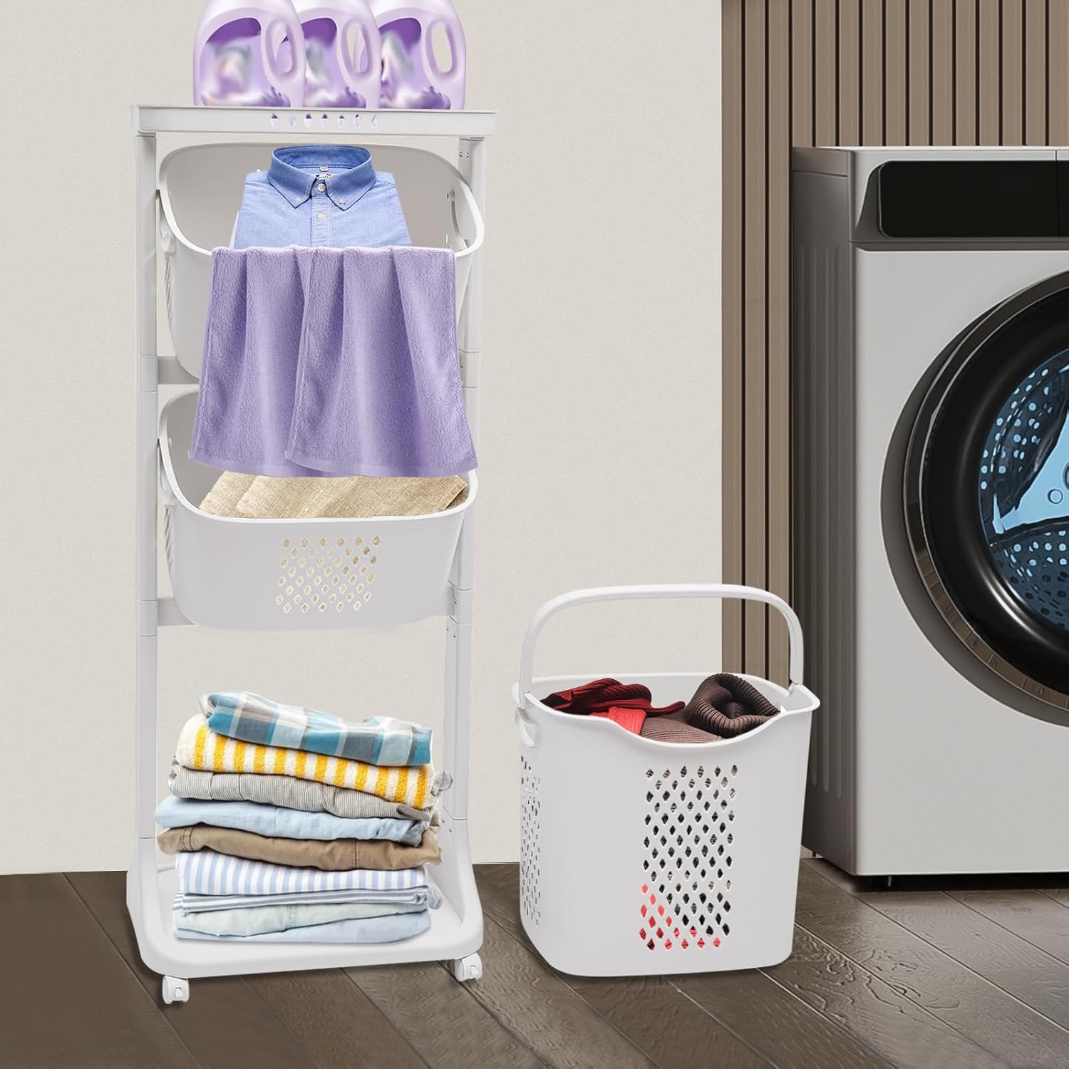 3 Tier Laundry Hamper Basket Sorter Clothes Storage with Wheels Removable Storage Basket,Shelf Rolling Cart with 2 Handles Freestanding Clothes Hamper Organizer for Bathroom,Bedroom