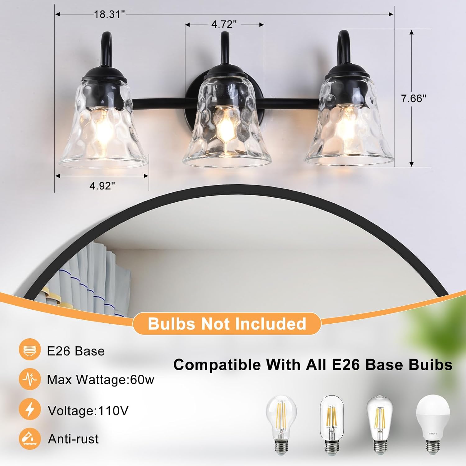 Black Vintage Bathroom Light Fixtures Over Mirror, 3 Light Vanity Light with Clear Glass Shade, Bedroom, Restroom, Entryway, Living Room Sconce Lights 18inch (Bulb Not Included)