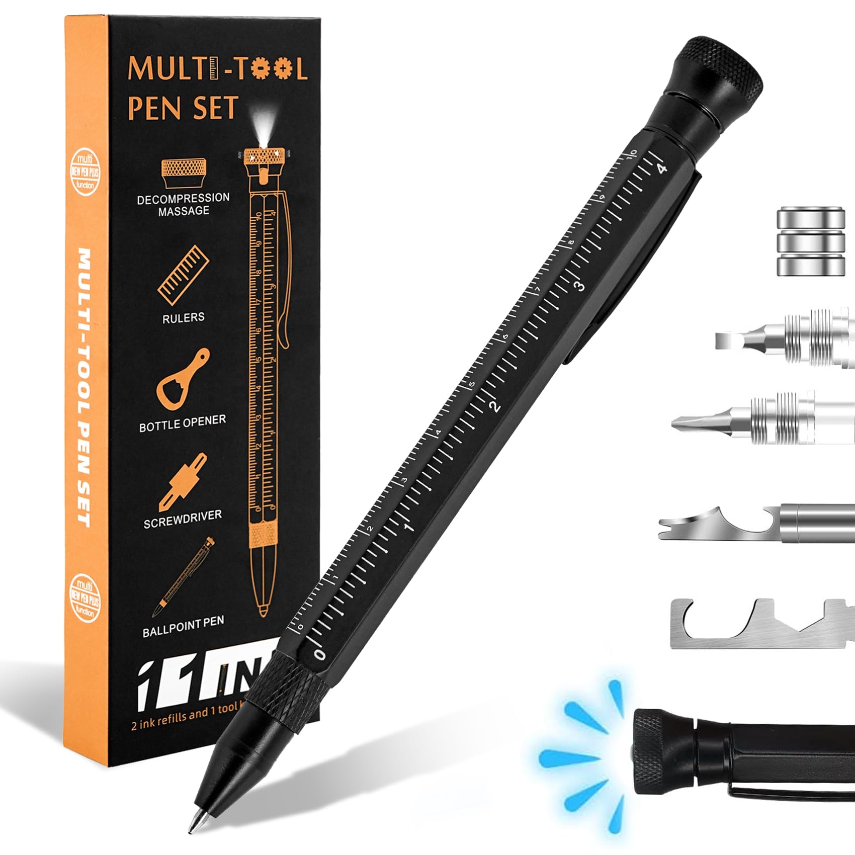 Hanboost 11 in 1 Multi-Tool Pen P1, EDC Gadget with LED Flashlight, Screwdriver & Ruler, Cool Unique Gift for Men, Handyman, DIYer, Engineer, Carpenter, for Emergency Repair & Office.