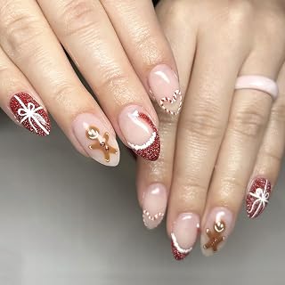24Pcs Christmas Press on Nails Medium Almond Fake Nails Red Glitter French Tip Fake Nails with Christmas Hat Gingerbread Man Deisgn Winter Glue on Nail Full Cover Artificial Stick on Nails for Women