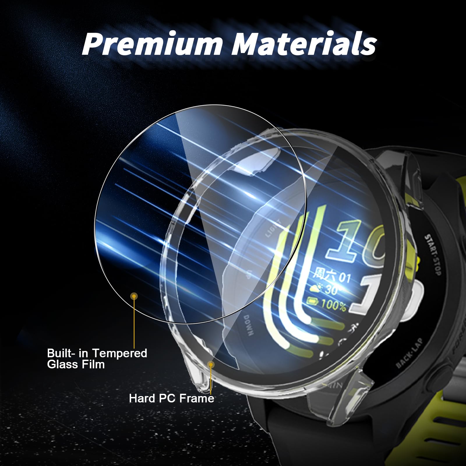 QULLOO Schutzhülle für Garmin Forerunner 70/170/ 170 Music Displayschutz,Voller Schutz Hülle, PC Hard Schutzfolie Case Cover mit Displayschutzfolie - Schwarz + Transparent