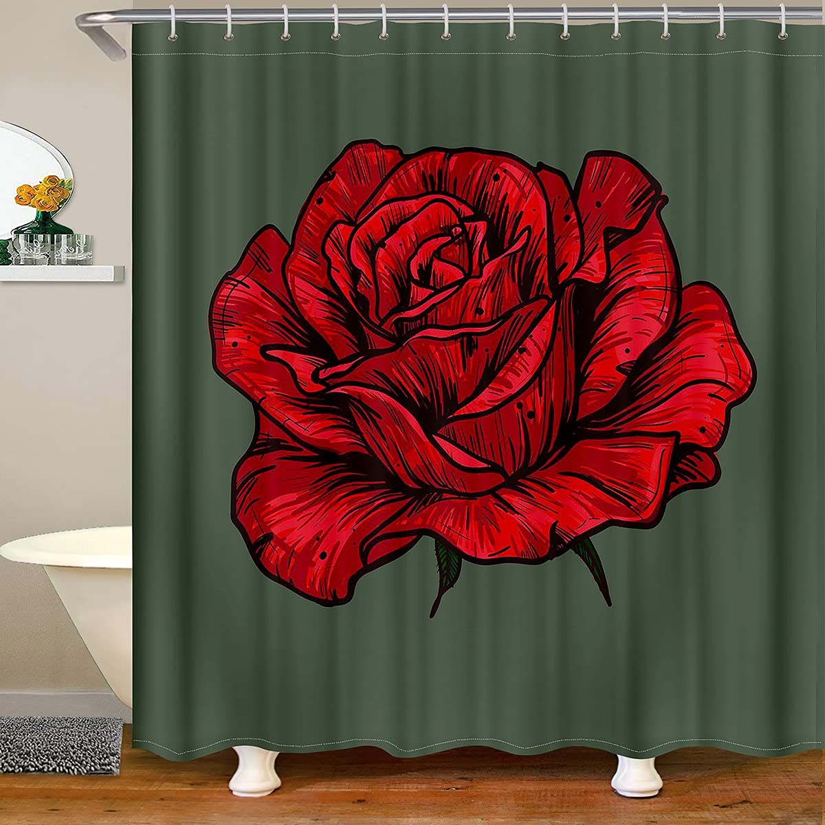 Tenda da doccia floreale, colore bordeaux e oro, set da bagno