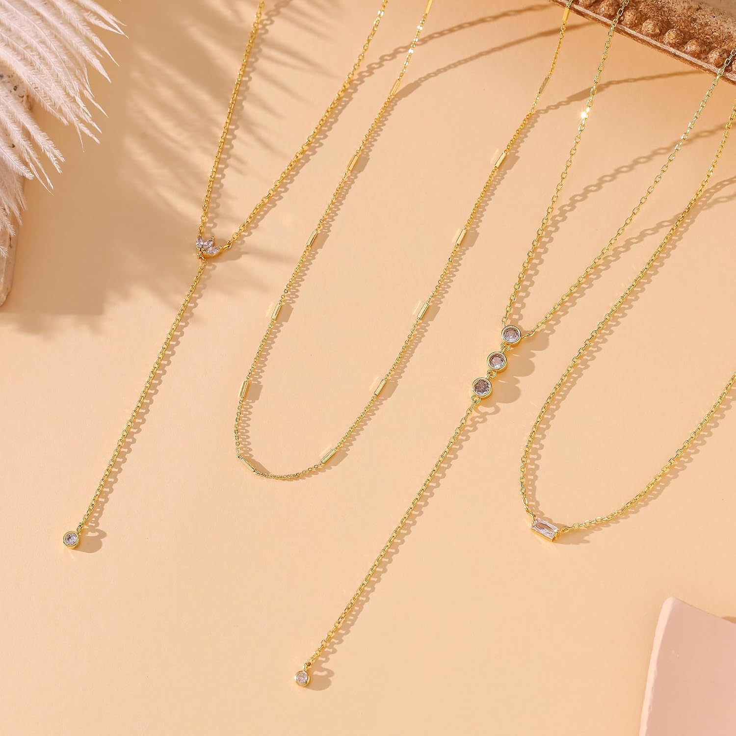 Gold Necklace For Women Layered Long Lariat Y Necklaces Choker Chain 14K Gold Plated Prom Stack Pedant Drop Dainty Silver Layering Cubic Zirconia Pendant Set Simple Jewelry Trendy Gifts