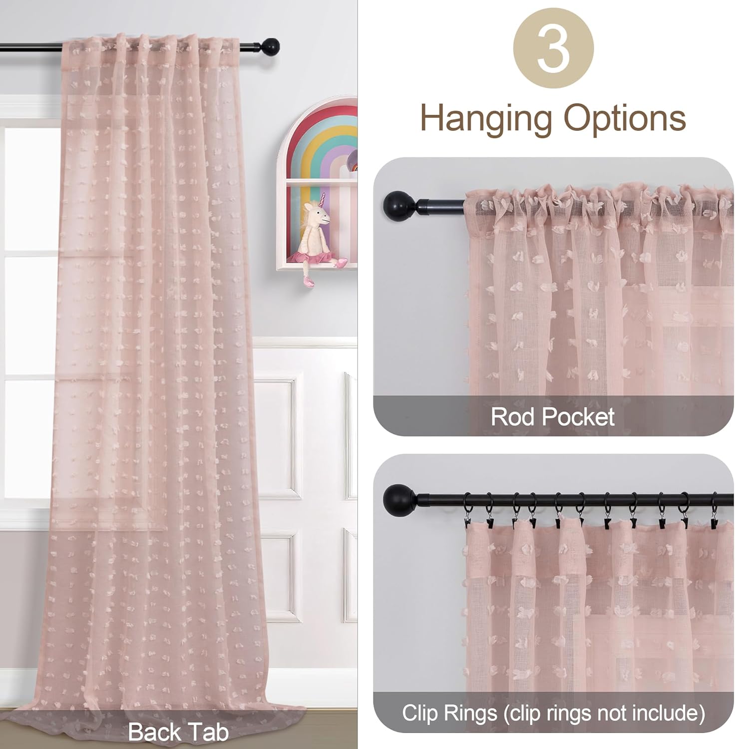 DANCURTON Dusty Pink Sheer Curtains 96 Inches Long 2 Panels for Girls Bedroom Window Boho Pom Pom Sheer Semi Window Curtains Back Tab Rod Pocket Shabby Chic Pink Textured Curtain for Nursery 52x96