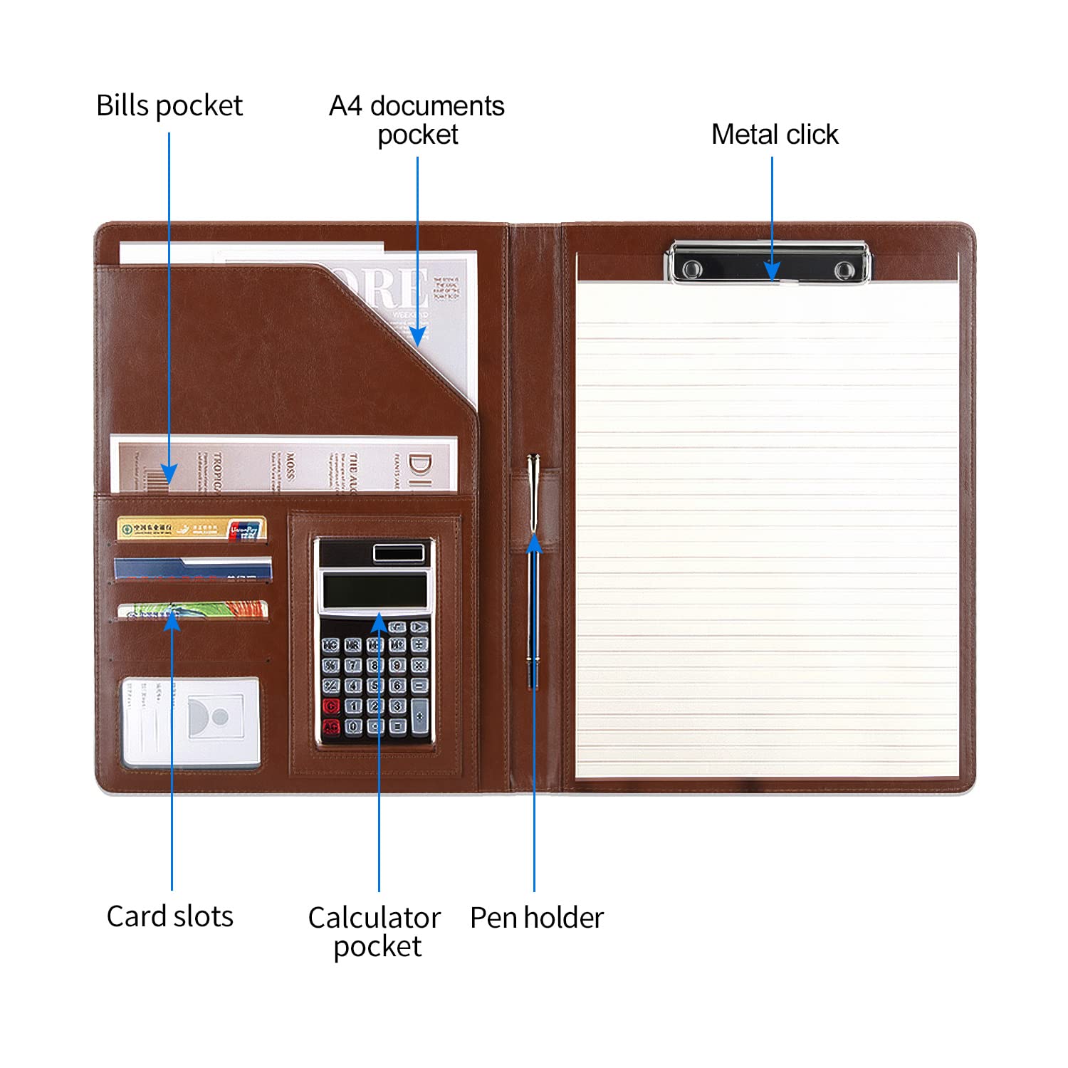 Podazz Portfolio A4 en Cuir PU, Dossier Presse-papiers A4, Conferencier Cuir Porte Documents, pour Réunion, Bureau, Ecole, Brun