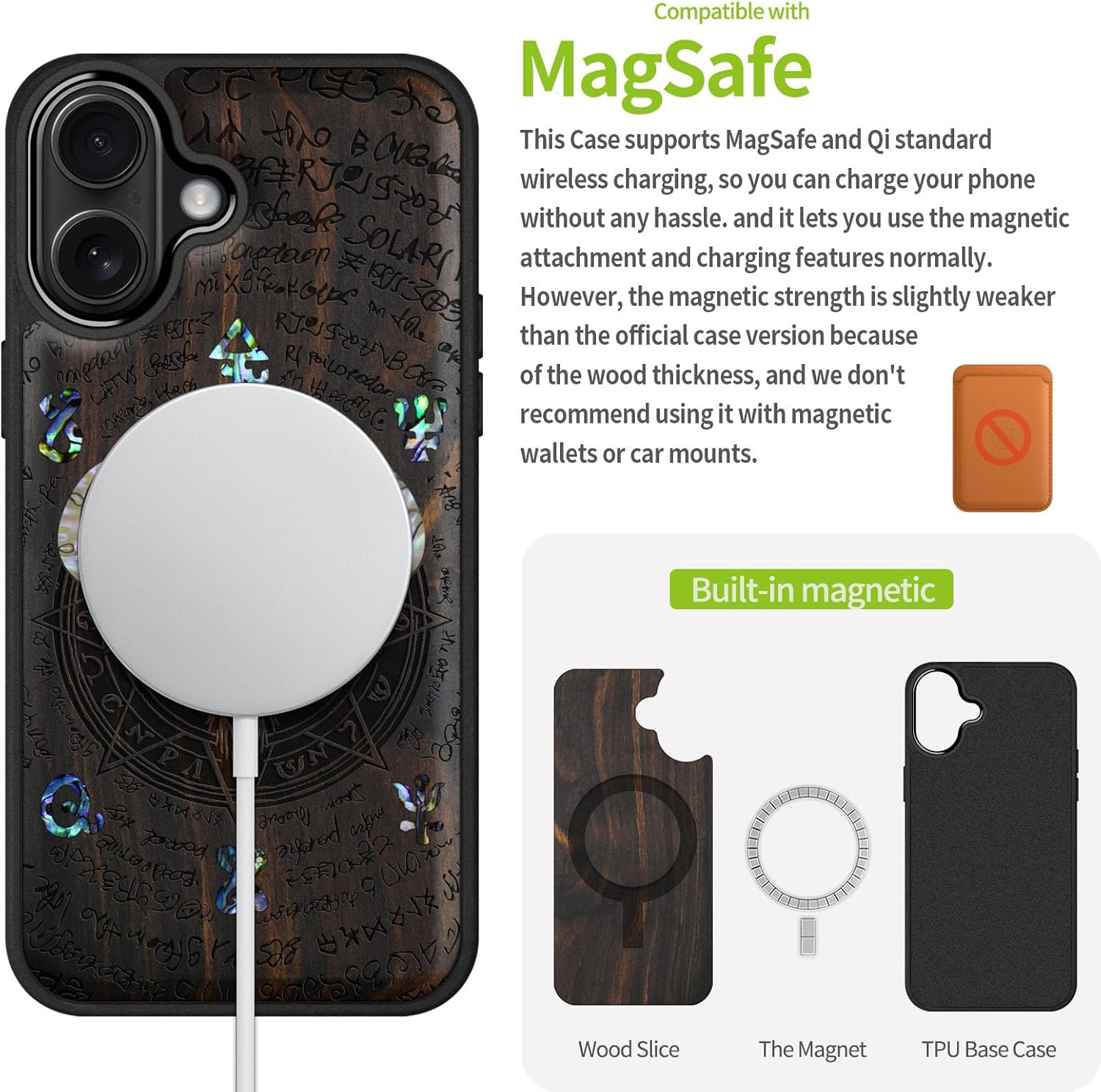 Carveit Magnetic Wooden Case for iPhone 16 Case, Wood Artisan Engraved & Handmade Shell Inlaid, TPU Shockproof Cover, Compatible with MagSafe Wireless Chargers (Horned Goat) Blackwood