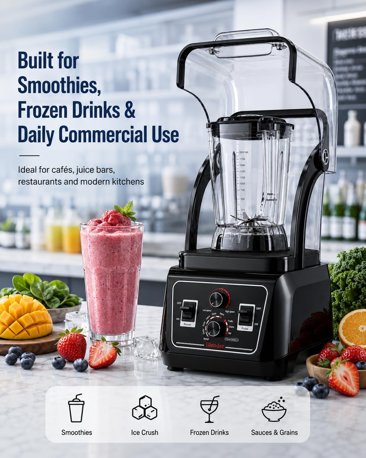 Commercial Blender with Quiet Shield, 2200W Heavy Duty Professional Blender, Soundproof Enclosure, Self-Cleaning Countertop Blender with 2L BPA-Free Pitcher, Ice Crush Smoothie & Shake Maker