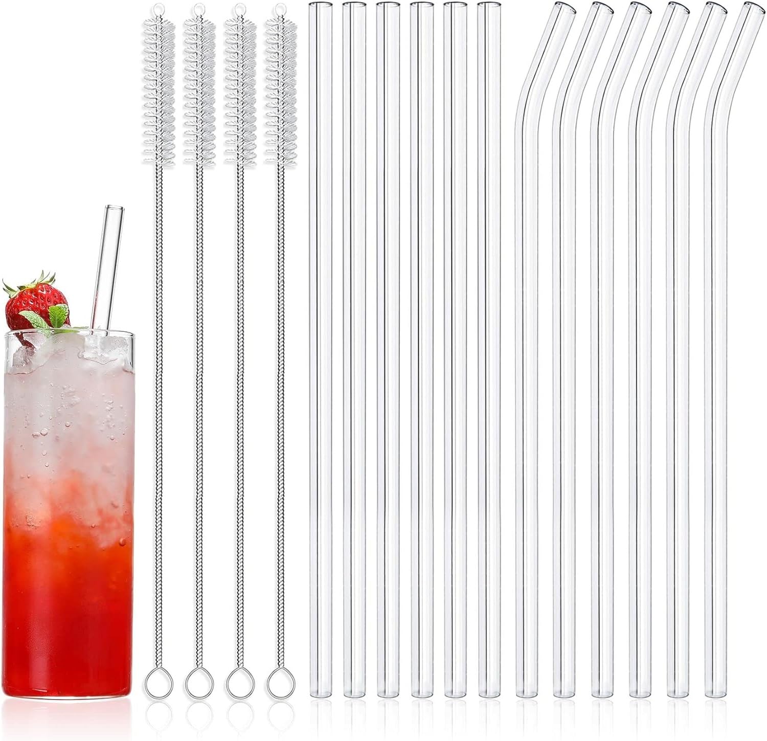 16-Pack Glass Straws Eco-Friendly Reusable Drinking Clear with 4 Cleaning Brushes Suitable for Smoothies, Milkshakes, Tea, Juice - Dishwasher Safe(Set of 6 Straight & Curved)