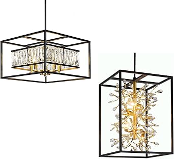 Vezzio Modern Square and Rectangular Crystal Foyer Chandelier Set Black and Gold Ceiling Mount Crystal Chandeliers for Dining Room, Kitchen, and Living Room