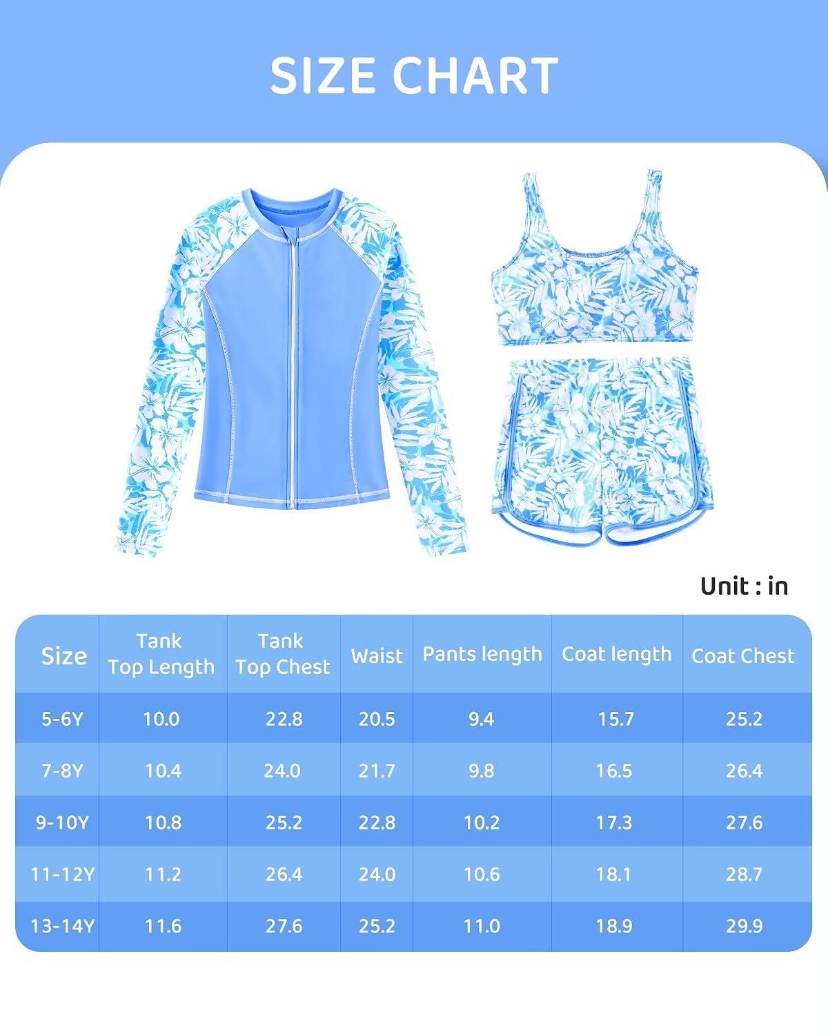 Girls 3 Piece Swimsuit Long Sleeve Rash Guard Zipper Bathing Suit UPF 50+ Summer Swimwear for Girl 5-14 Years