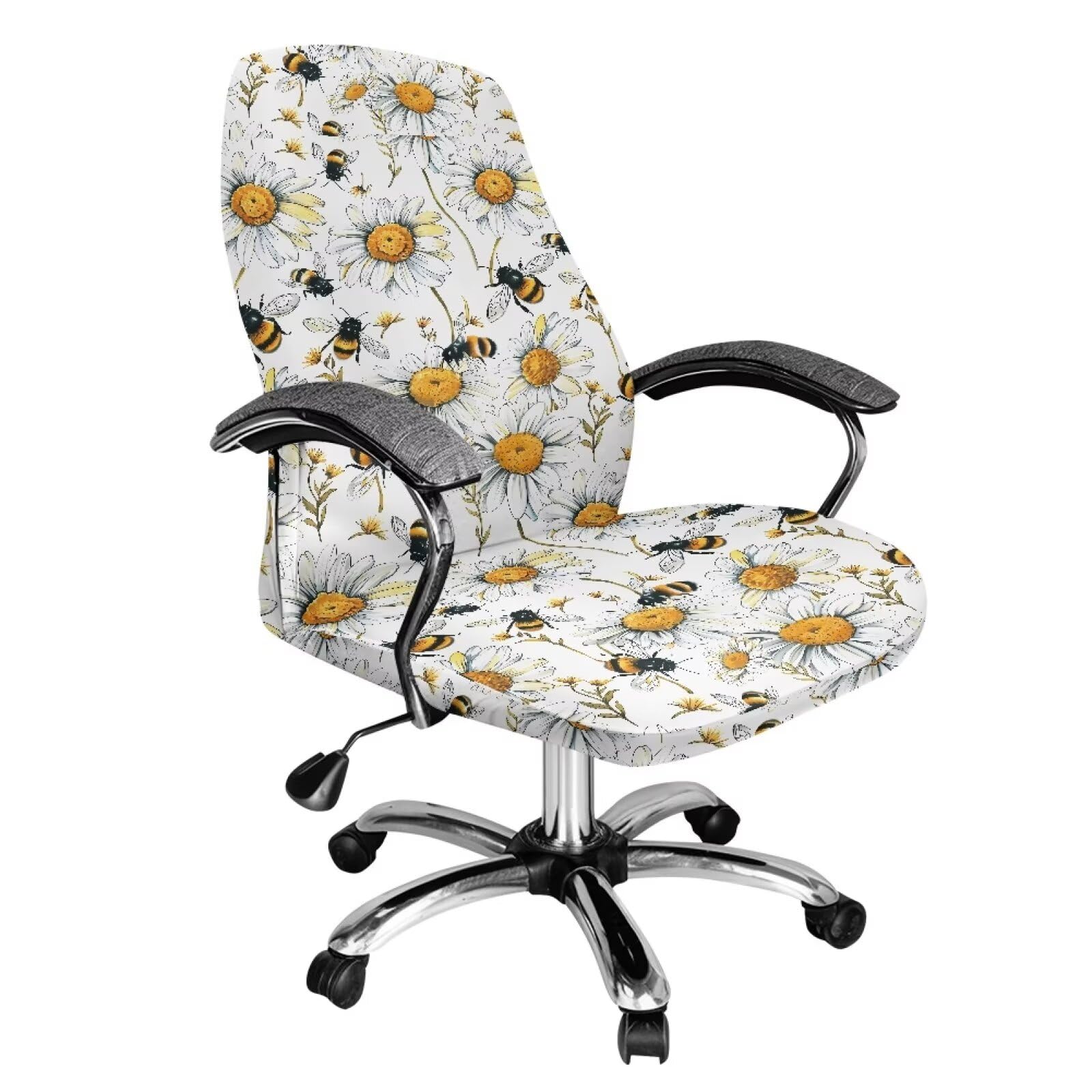 Xoenoiee Bee White Daisy Floral Print Office Chair Covers, Stretch Computer Chair Cover, Universal Boss Chair Covers Rotating Chair High Back Chair Slipcover for Home Office, Small