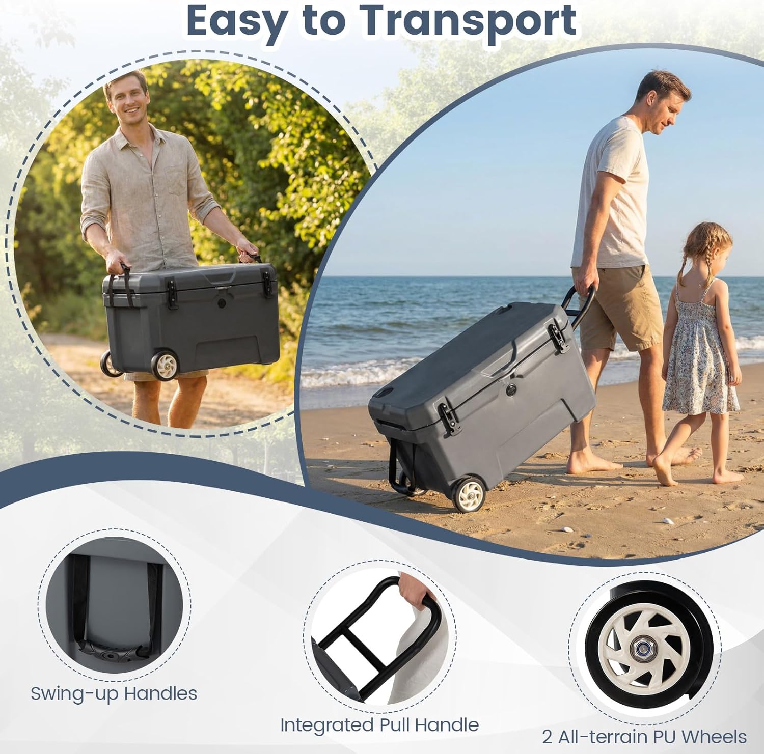 Goplus Cooler with Wheels, Insulated Rolling Hard Coolers Ice Box with 6-Day Ice Retention, Pull Handle, 2 Cup Holders, Fish Ruler, Bottle Opener, Outdoor Portable Ice Chest for Camping, Beach