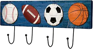 Wood Sports Coat Rack with 4 Hooks - Vintage Basketball, Baseball, Football, Soccer Wall Mount Decor for Home Entryway or Playroom