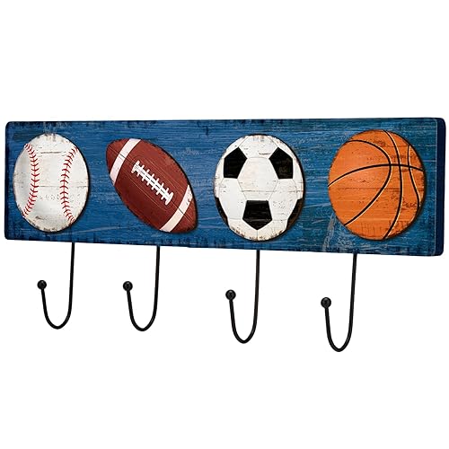 Wood Sports Coat Rack with 4 Hooks Vintage Basketball Baseball
