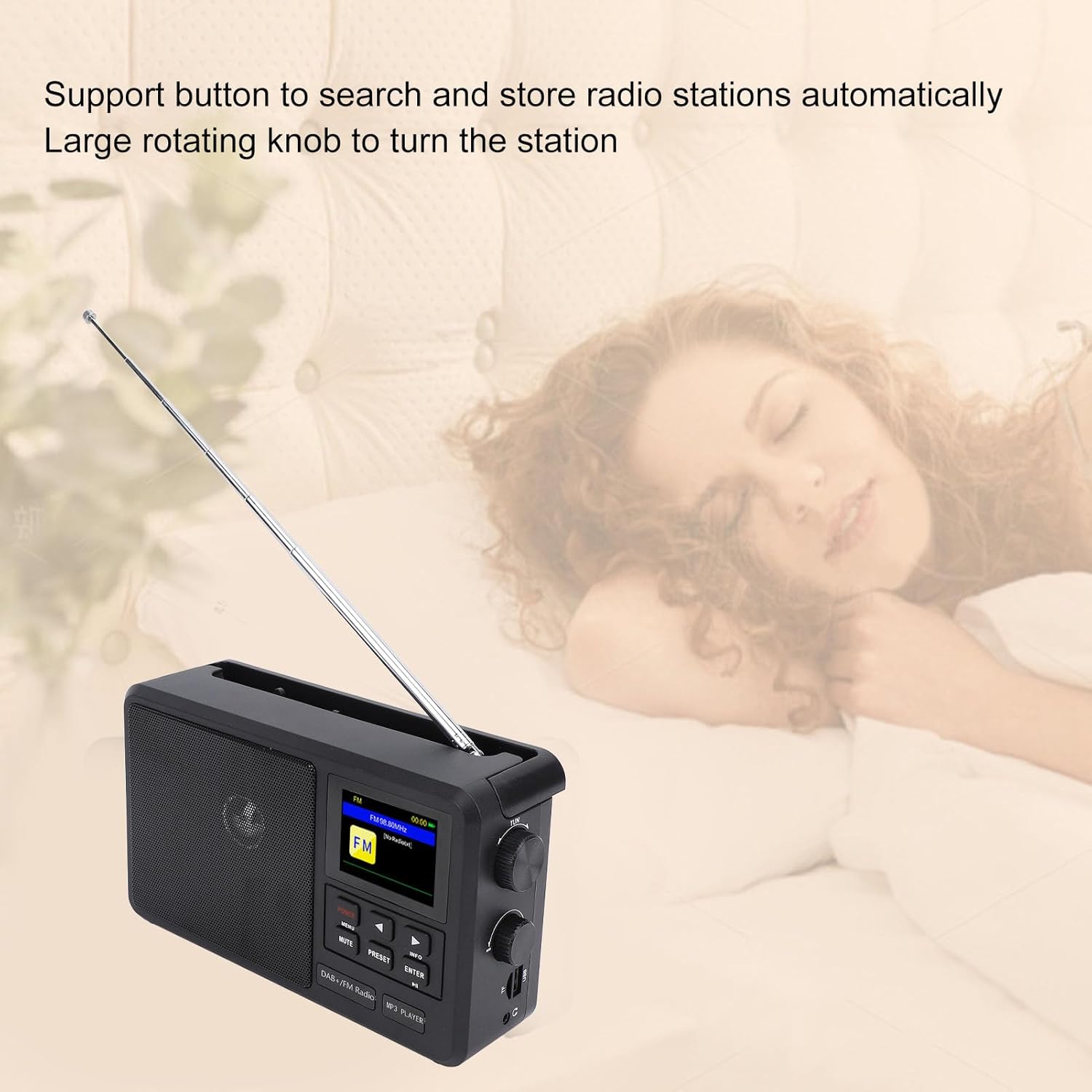 FOSA Portable FM Radio with its antenna extended, suggesting good reception for tuning stations.