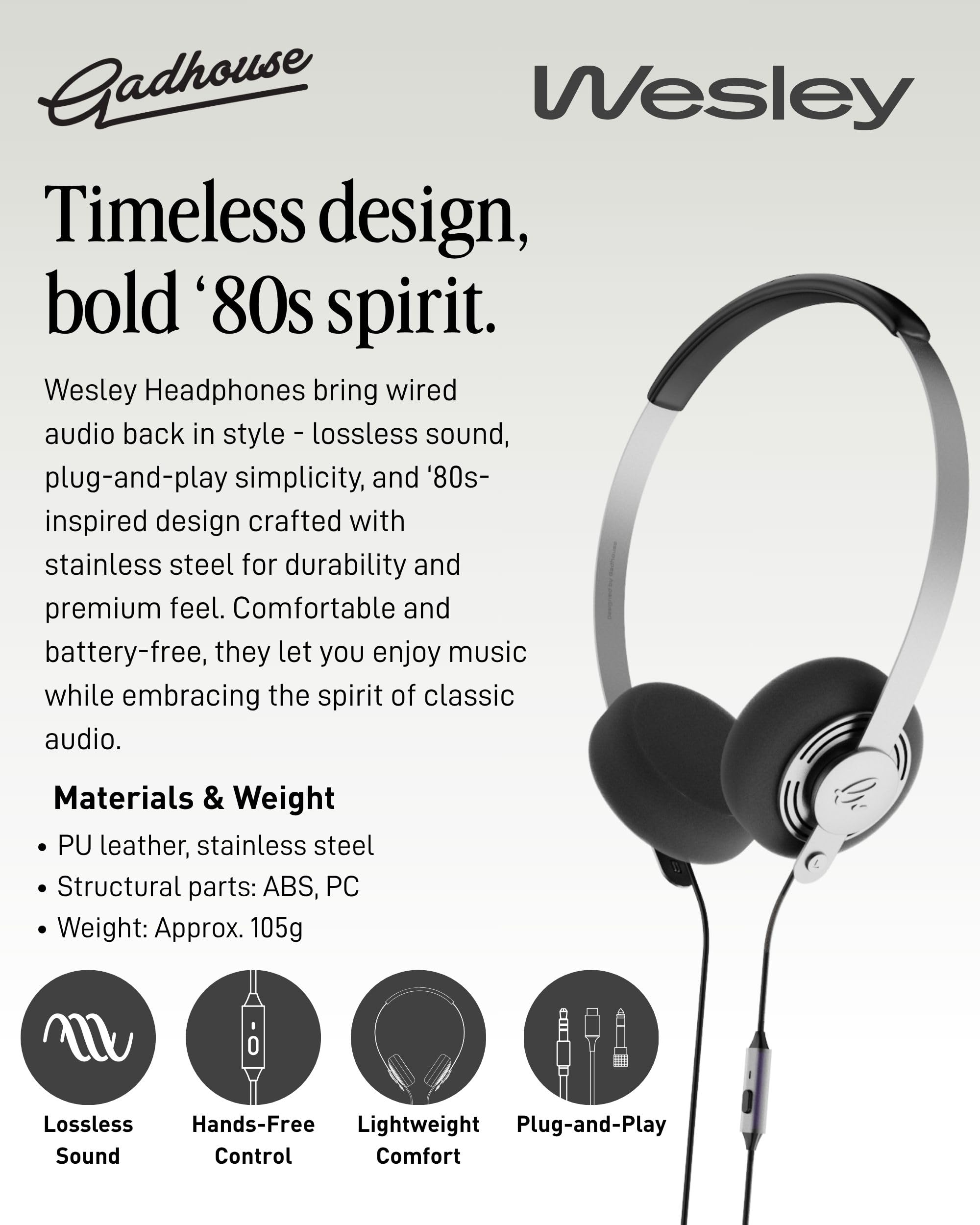 Gadhouse Wesley Casque rétro Filaire avec USB-C et connectivité 3,5 mm – Casque Vintage, Style Walkman Filaire avec Pilotes de 40 mm, Commandes de Micro intégrées et Design léger de 105 g pour la