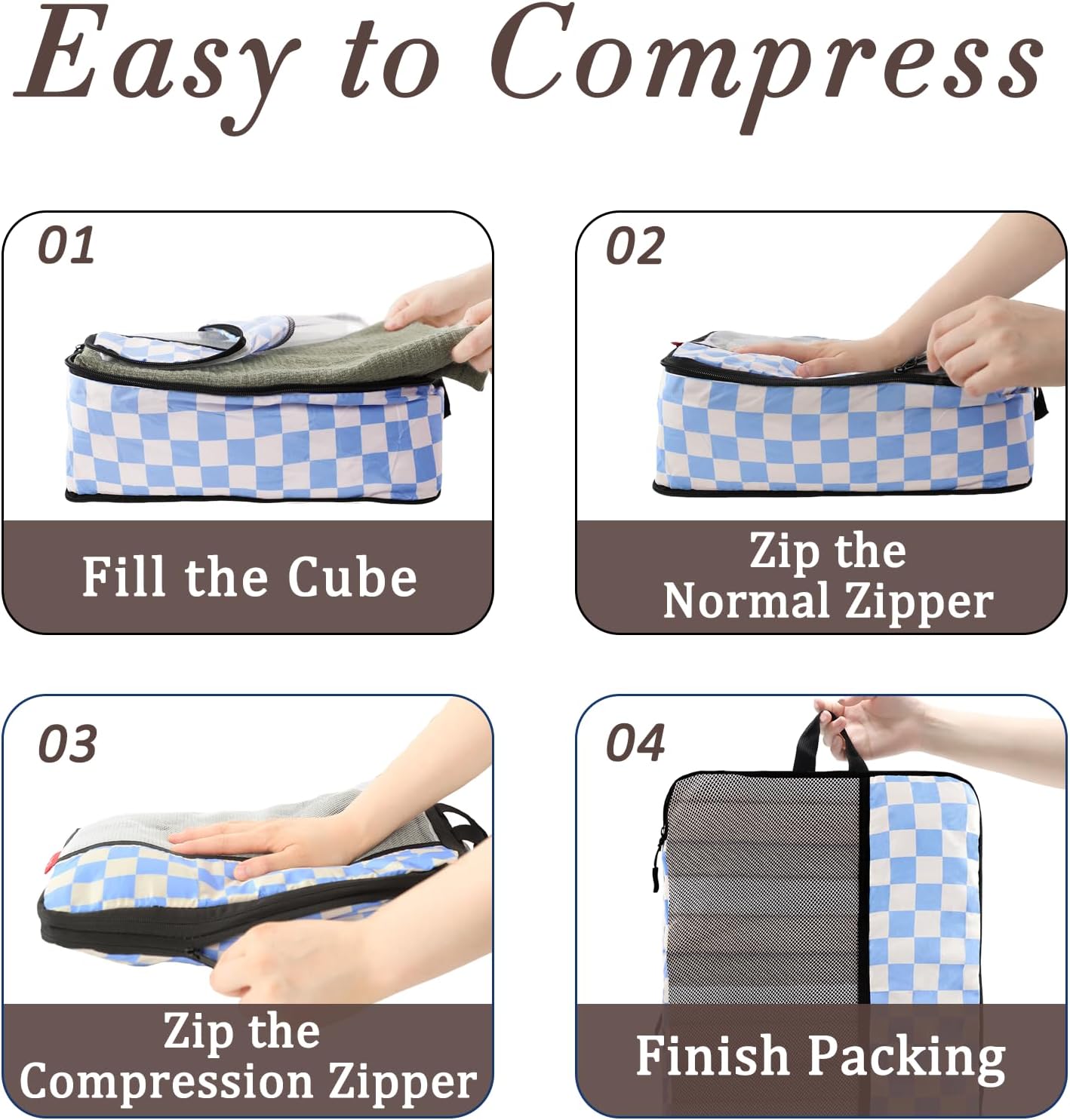 U+U 6 Set Compression Packing Cubes - Ultralight Travel Organizers with Laundry Bag, Space-Saving Suitcase Organizer for Travel, Business Trip and Family Vacation (Blue Checkered)