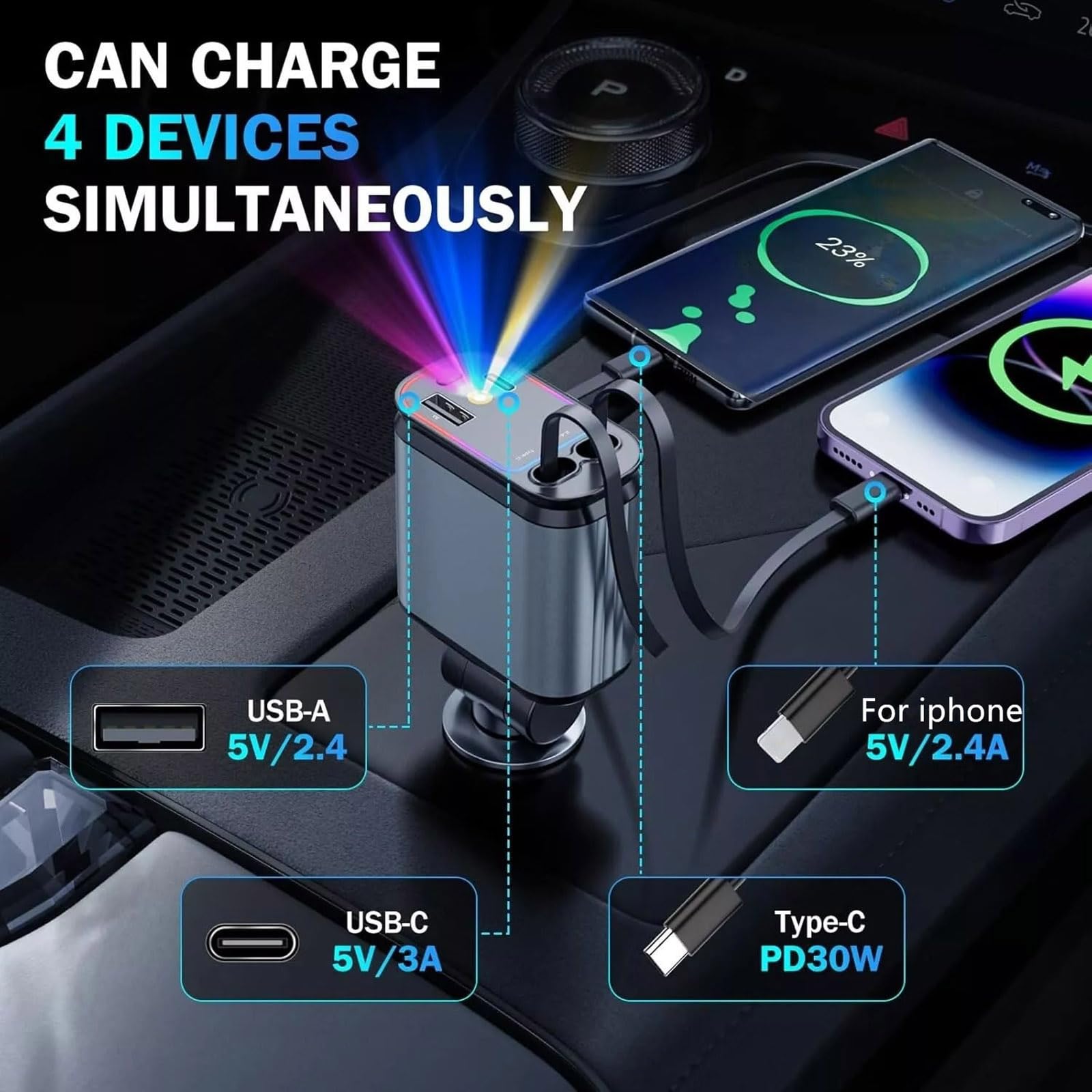 Cargador de coche USB C retráctil 4 en 1 con luz de cielo estrellado, adaptador de carga rápida y puertos de carga duales
