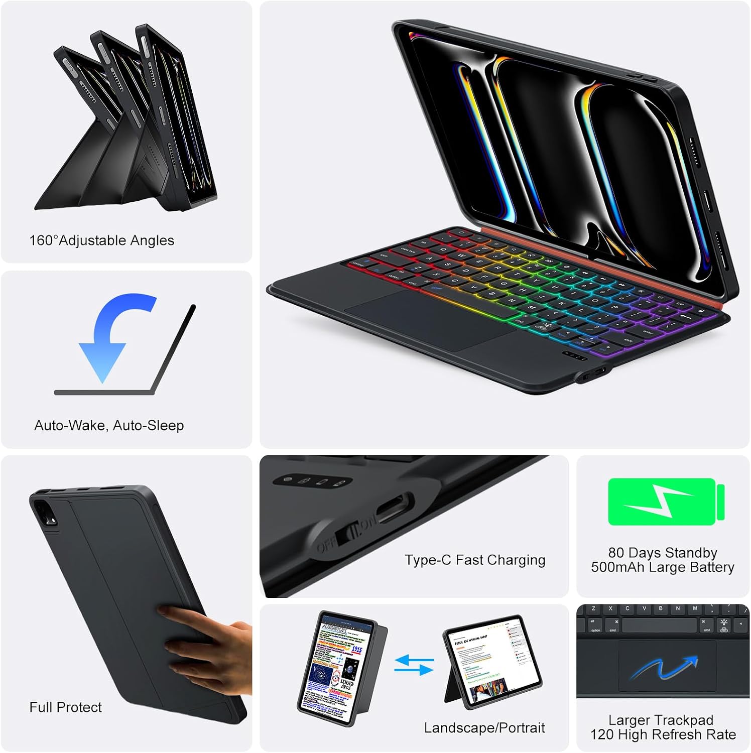 iPad Pro 11 inch Case with Keyboard (M5 M4 2025 2024),Magnetic Detachable Magic Keyboard, Multi-Touch Trackpad,7-Color Backlit, Landscape/Portrait,160° Adjustable Stand for iPad Pro 11 5th Gen (Black)