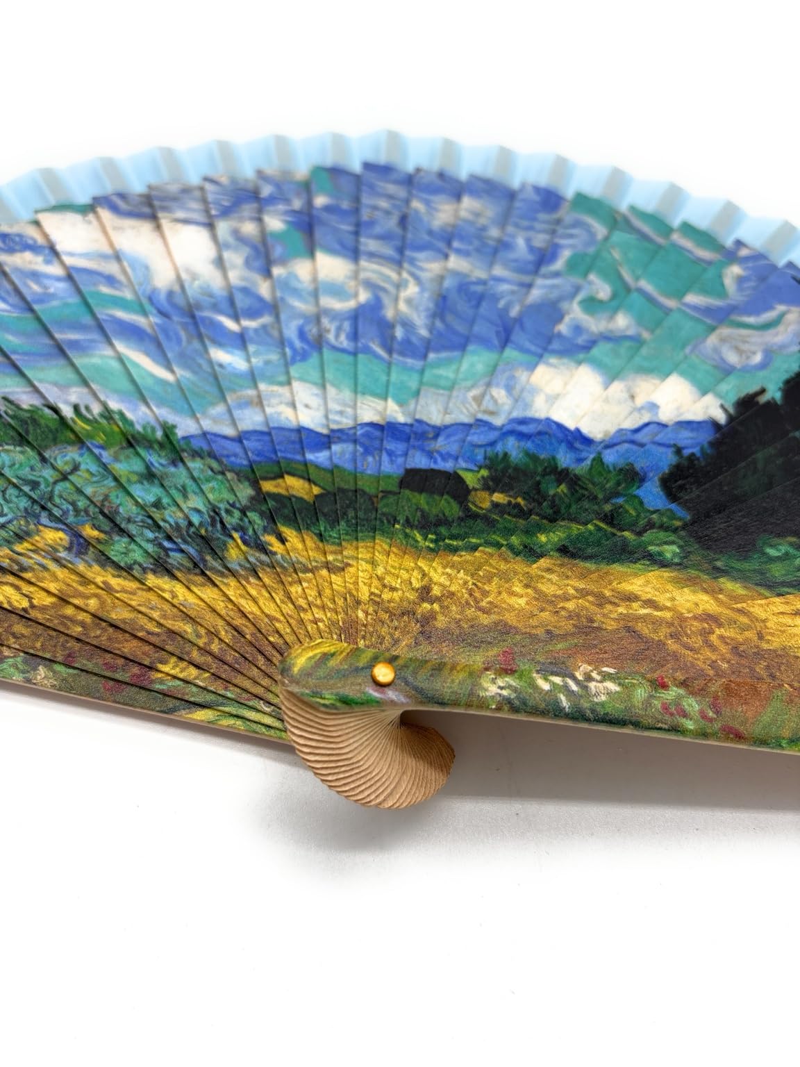 Genérico Ventaglio pieghevole con design artistico, ispirato ai dipinti classici, in legno naturale e tessuto, leggero, elegante e portatile (23 cm chiuso / 40 cm aperto) (turchese-verde)