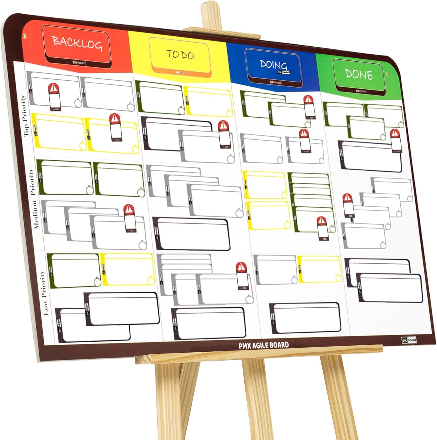 PMXBOARD Full Magnetic Agile Board Kit (42" 23") Kanban & Scrum Dry Erase Project Management Board with 84 Magnetic Cards, Easel Stand & Accessories
