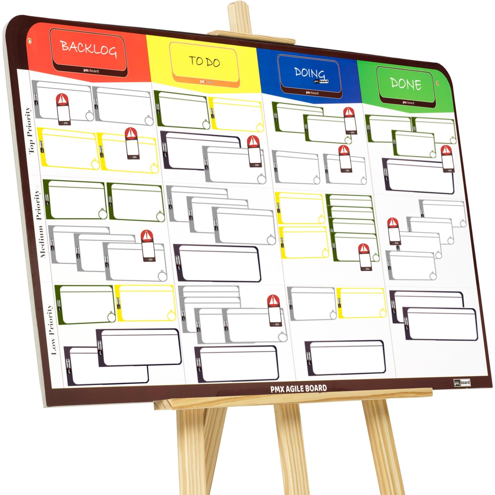 PMXBOARD Full Magnetic Agile Board Kit (42" × 23") – Kanban & Scrum Dry Erase Project Management Board with 84 Magnetic Cards, Easel Stand & Accessories