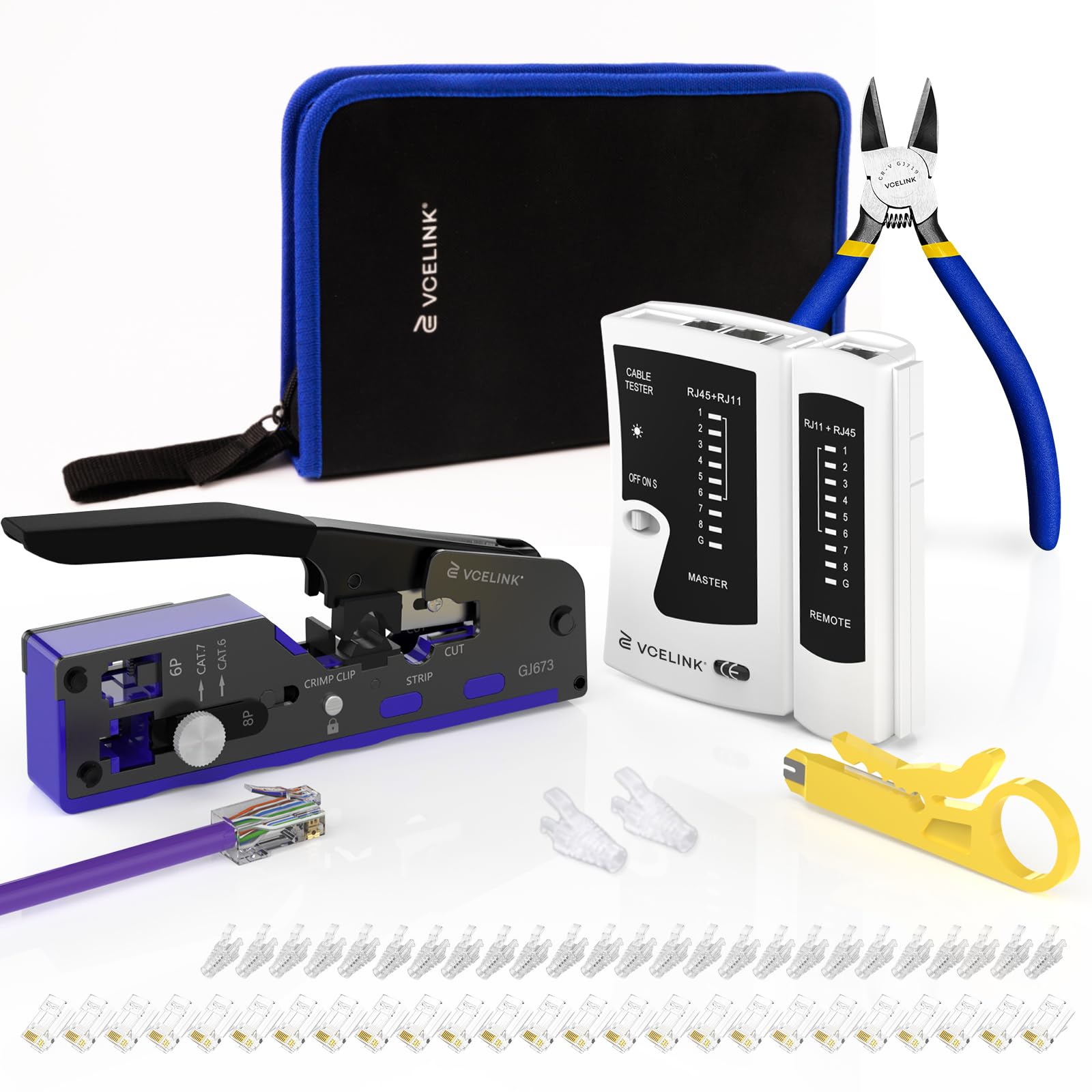 VCELINK Upgraded RJ45 Crimping Tool Kit for CAT7/6A/6/5E/5 with a Pass Through Ethernet Crimper,25 Cat6 RJ45 Connectors & Strain Relief Boots