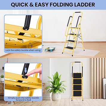 Step Ladder 4 Step Folding with Handrails, Folding Step Stool with Wide Anti-Slip Pedal, Sturdy Steel Portable Ladder, Lightweight Step Stool Foldable for Library Home Garage Office, Yellow