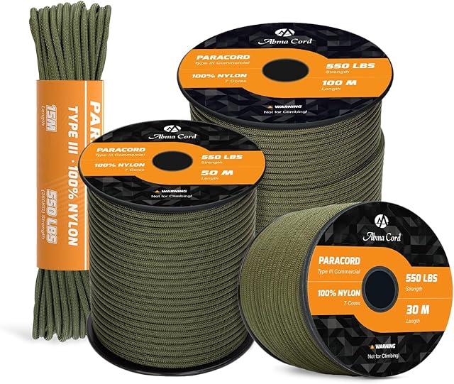 Abma Cord Paracord 550 4mm Nylon Rope (15m-30m-50m-100m) Type III 7 Strands Parachute Cord Top 45 Hot Colors - Max. 250kg - Army Green, 15m
