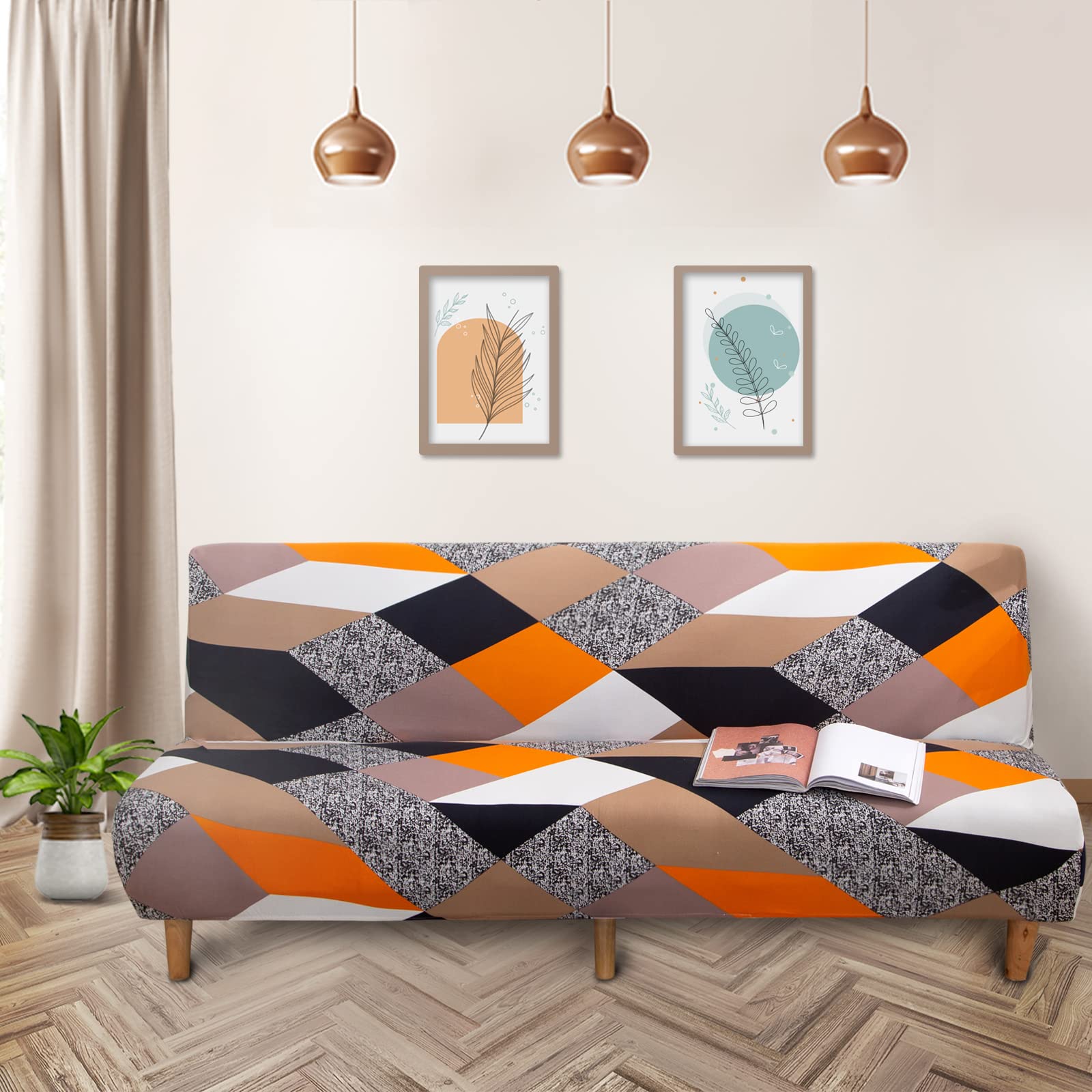 Lydevo Copridivano 3 Posti Senza Braccioli Elasticizzato Universale, Copridivano Letto Pieghevole Clic Clac Lavabile Rimovibile Estraibile, Fodera per Divano Futon per Soggiorno,Geometria Arancione