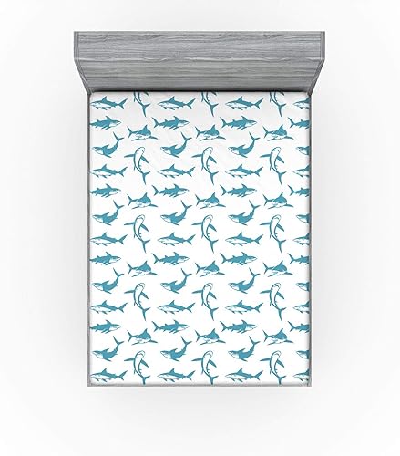 Miniatura 2 de Ambesonne Sábana bajera ajustable de tiburón, diseño de peces azules aterradores de los mares con aletas y dientes afilados, diseño de dibujos