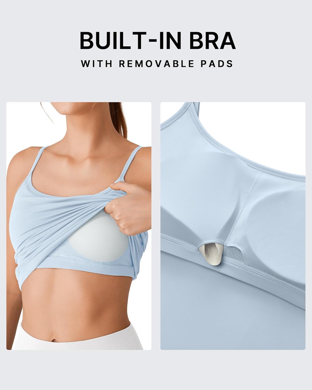 G4Free BareFeel Built in Bra Camisole Tops Yoga Workout Removable Padded Cami Spaghetti Strap Pilates Tank Top