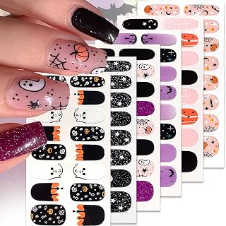 6 Sheets Halloween Nail Stickers for Nail Art 3D Halloween Full Nail Wraps Stickers Ghost Gel Nail Decals Bat Spider Web Pumpkin Self-Adhesive Nail Polish Strips Designs for Manicure Accessories