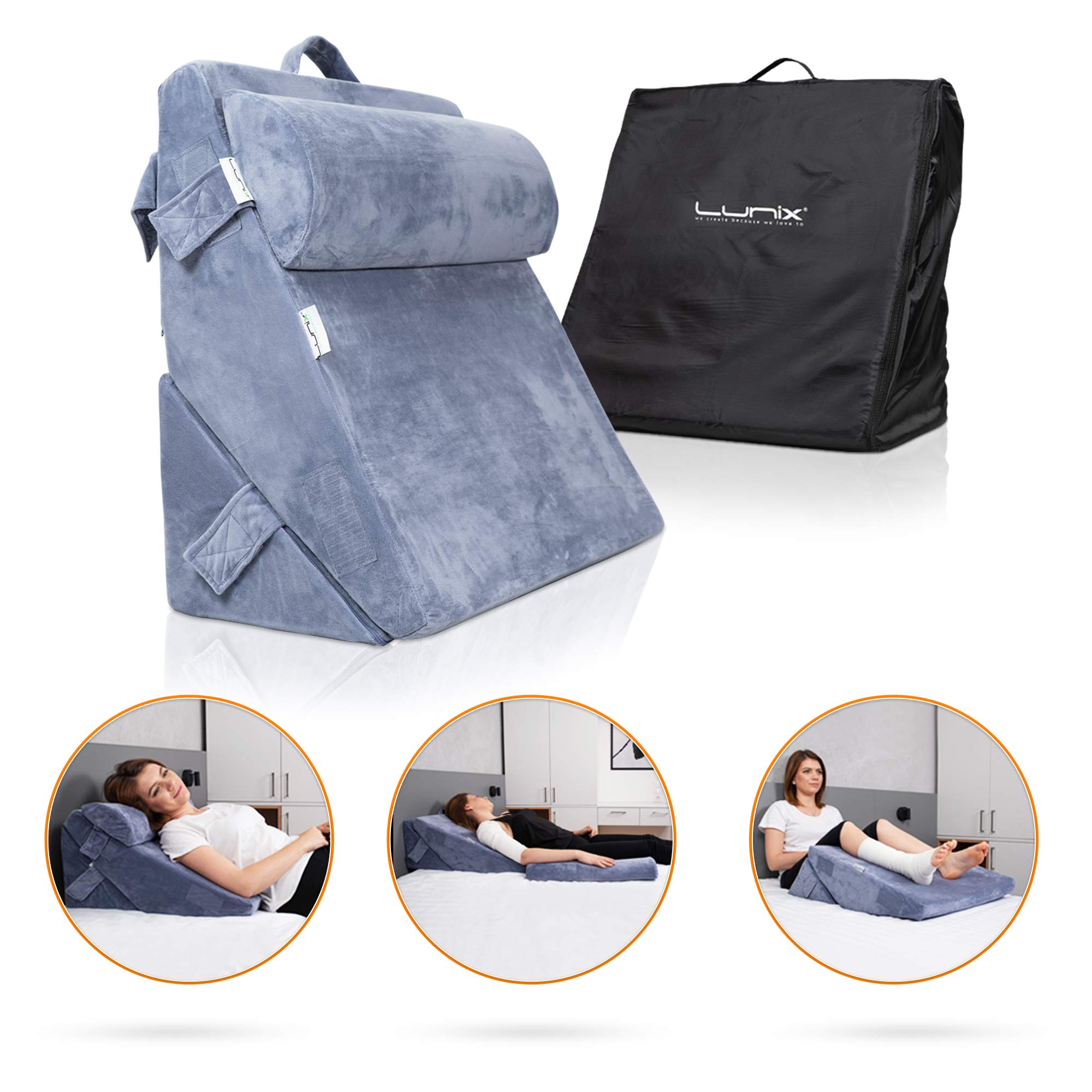 Lunix 3pcs Orthopedic Bed Wedge Pillow Set, Post Surgery Memory Foam for Back,Leg and Knee Pain Relief. Sitting Pillow for Reading, Adjustable Pillows for Acid Reflux and GERD for Sleeping Navy