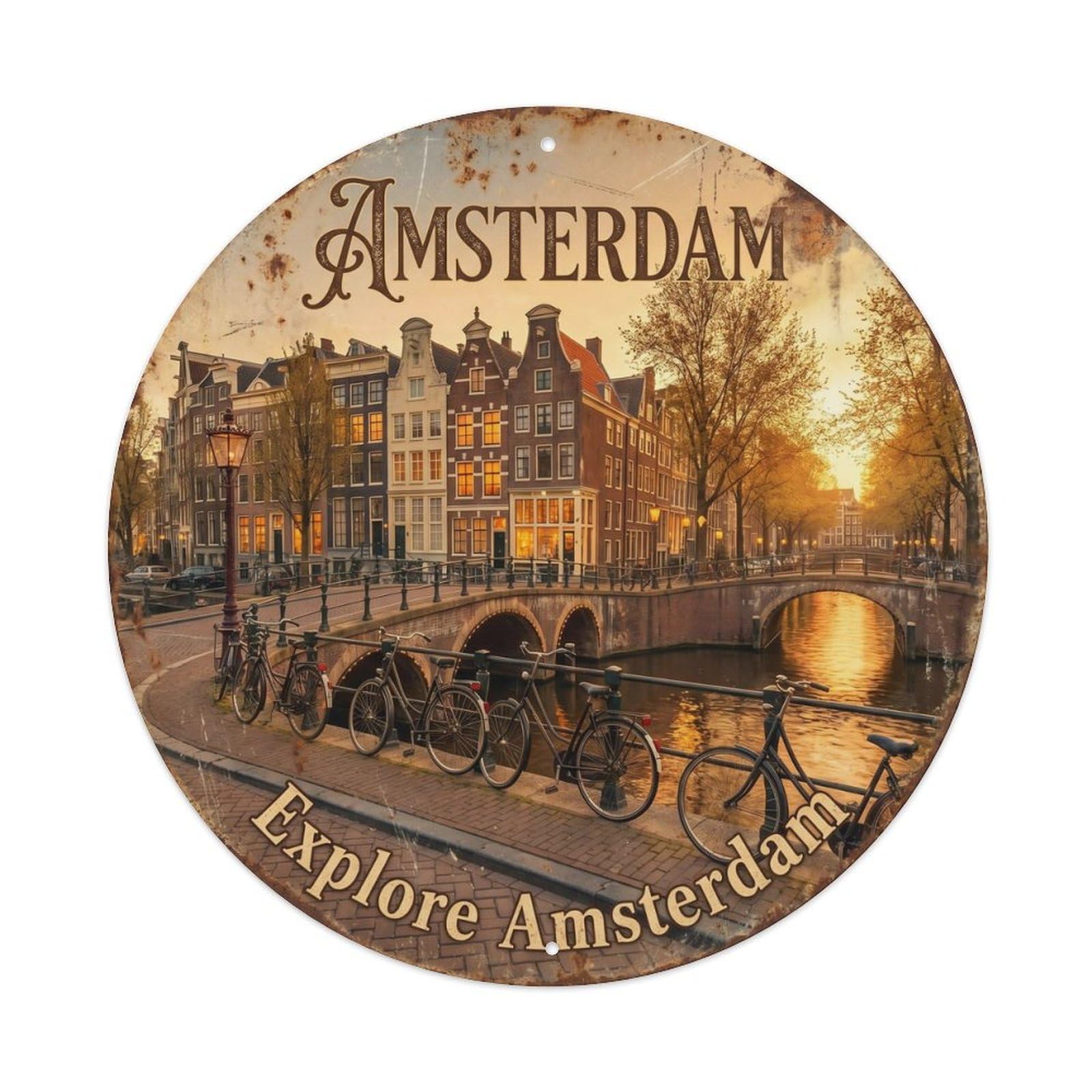 Vintage Travel Amsterdam Golden Hour Metal Tin Sign Plaque Wall Decor for Cafe, Club, Garden Round Metal Poster 8x8Inch