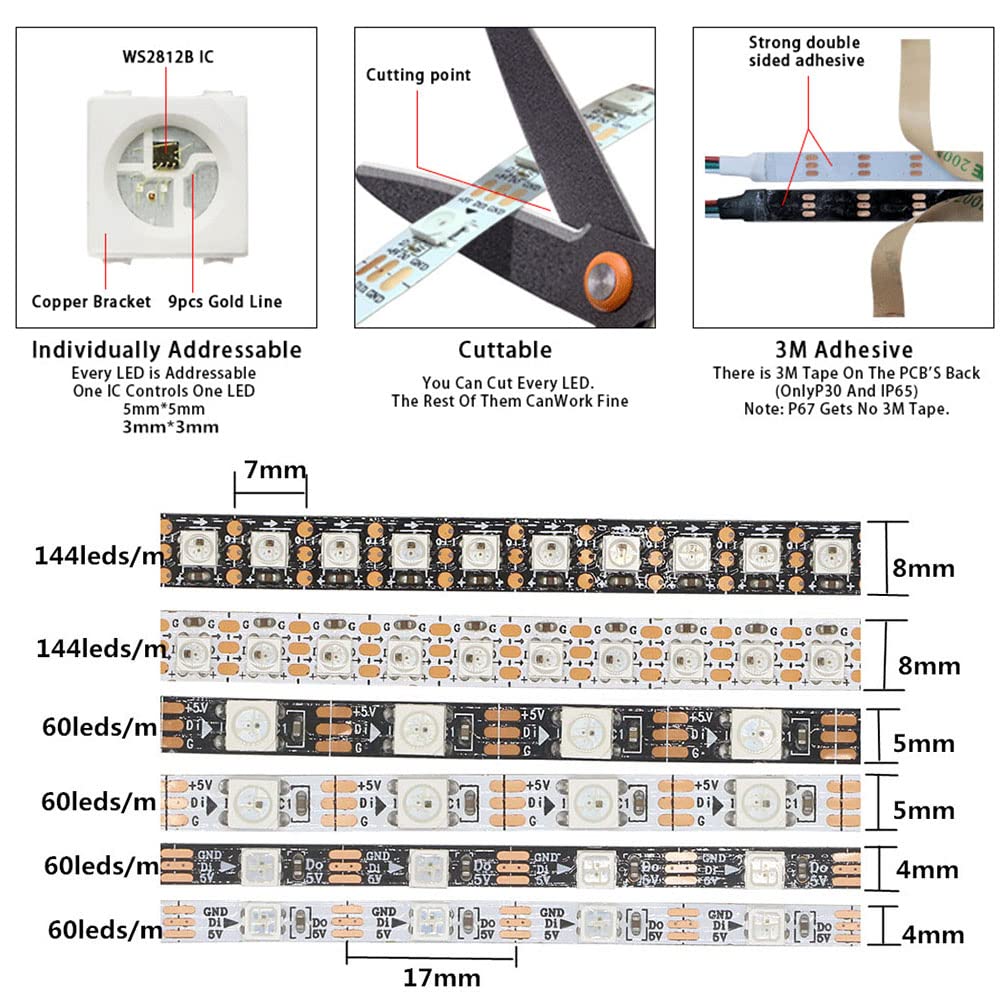DC5V WS2812B 7,2 mm di larghezza, ultra sottile, RGB 5050 SMD, indirizzabile individualmente, programmabile, 2 m, 144 pixel/m, 288 pixel, flessibile, bianco, PCB DC5 V